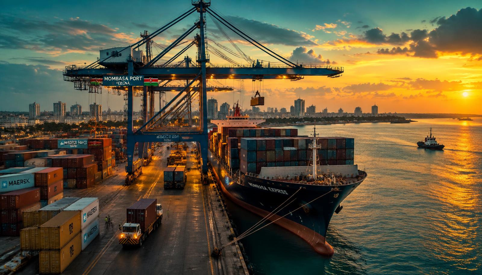 Container port at dusk